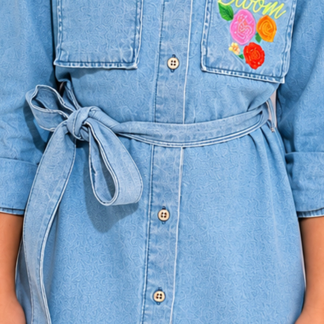 VITAMINS ALL OVER EMBROIDERED DENIM DRESS