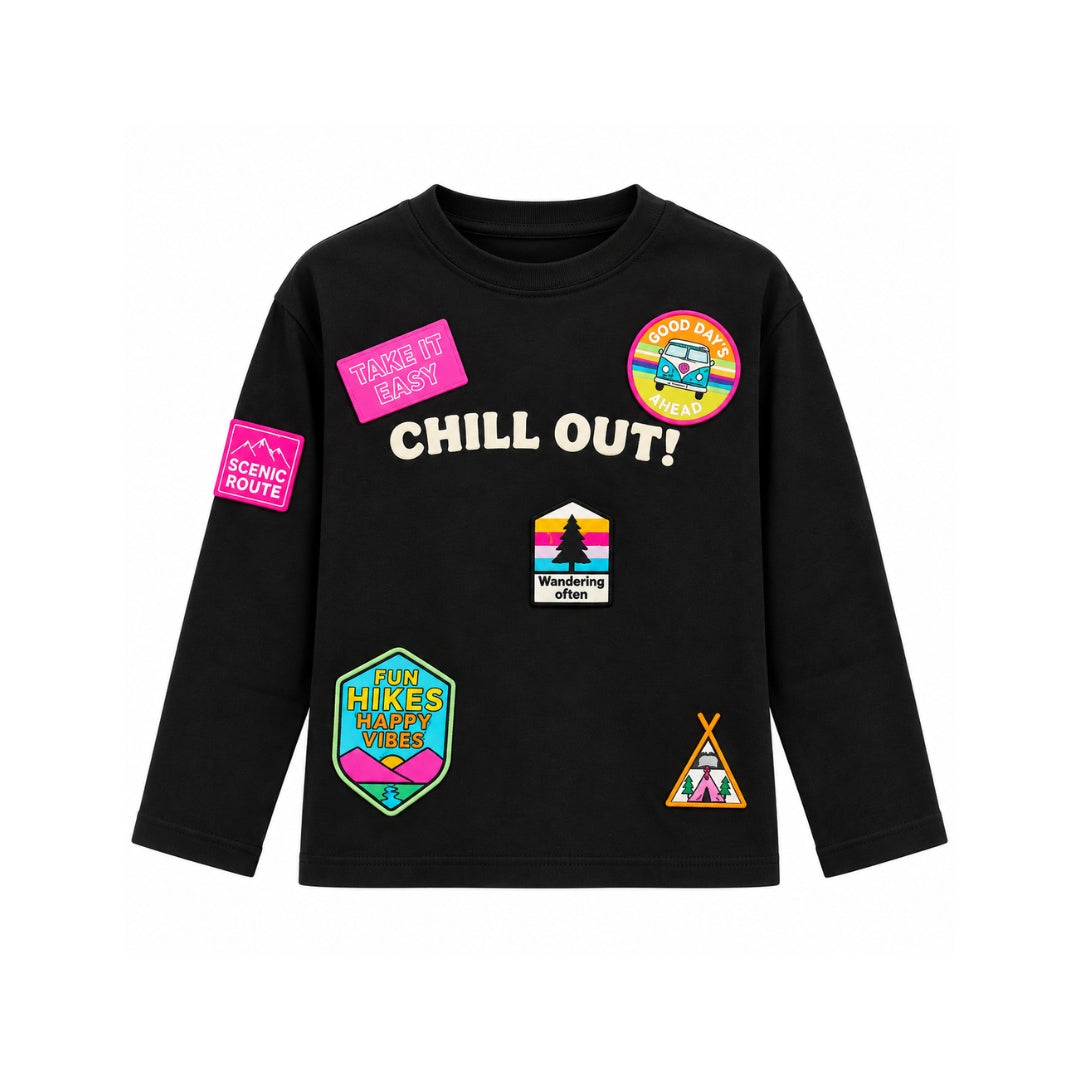 VITAMINS CHILL OUT FULL SLEEVES T-SHIRT EMBELLISHED WITH PATCHES