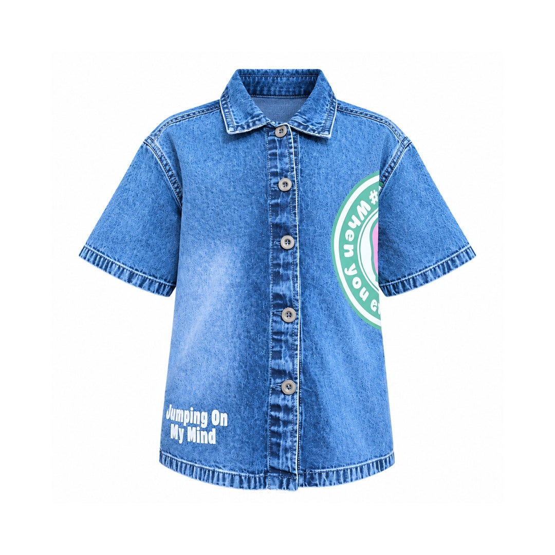 VITAMINS BOXY FIT DENIM SHIRT WITH CAMPING ON MY MIND GRAPHIC