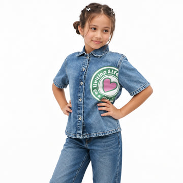 VITAMINS BOXY FIT DENIM SHIRT WITH CAMPING ON MY MIND GRAPHIC