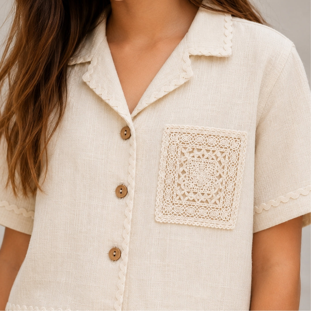 VITAMINS EMBROIDERED CROCHET POCKET MATCHING SHIRT