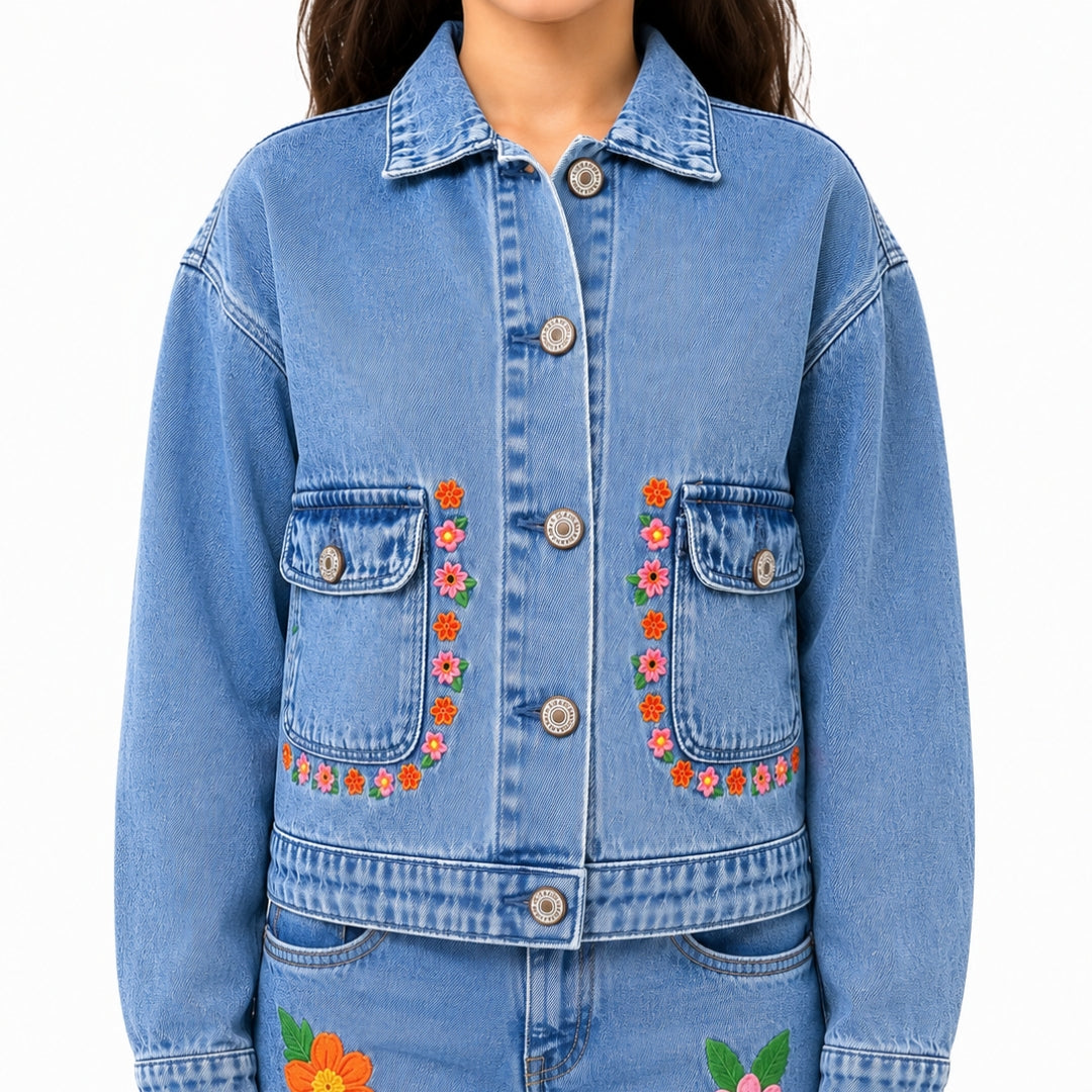 VITAMINS FLORAL EMBROIDERED DENIM MATCHING TOP